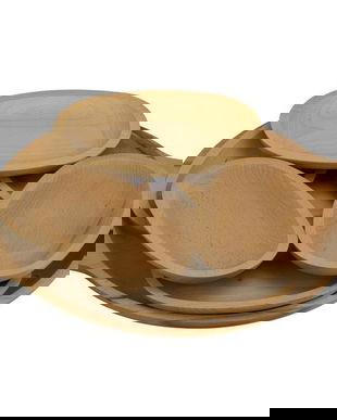 Set platou rotund cu manere si 6 farfurii oval, 7 piese, 35 cm, lemn masiv, rustic