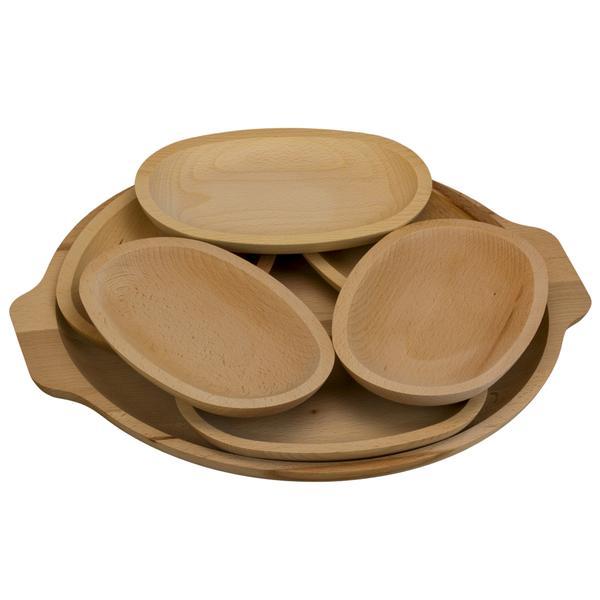 Set platou rotund cu manere si 6 farfurii oval, 7 piese, 35 cm, lemn masiv, rustic