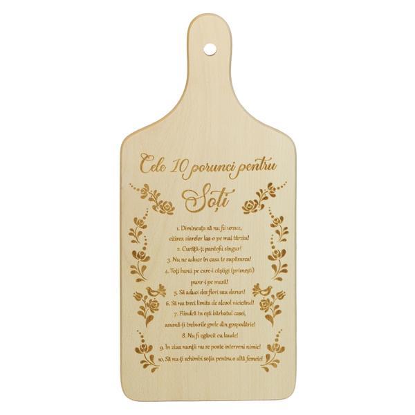 Tocator Cele 10 porunci pentru Soti. Dreptunghiular, lemn, cu maner, 30 x 14 cm