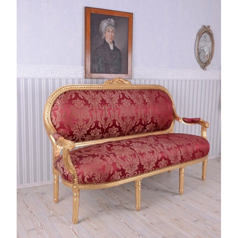 Sofa Madame Pompadour din lemn masiv auriu cu tapiterie rosie