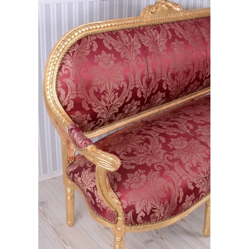 Sofa Madame Pompadour din lemn masiv auriu cu tapiterie rosie