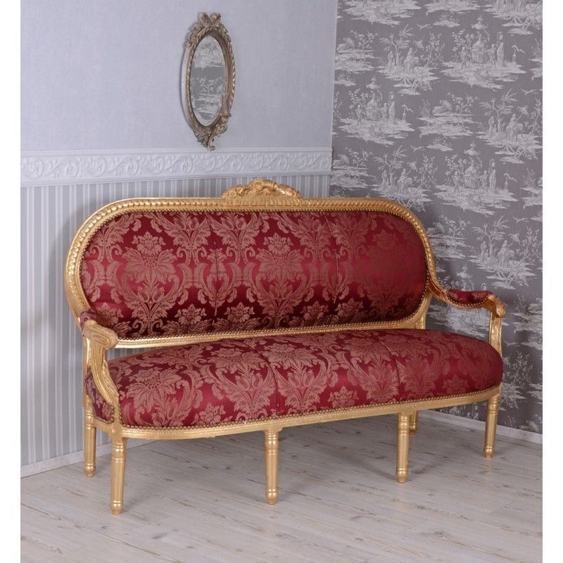 Sofa Madame Pompadour din lemn masiv auriu cu tapiterie rosie