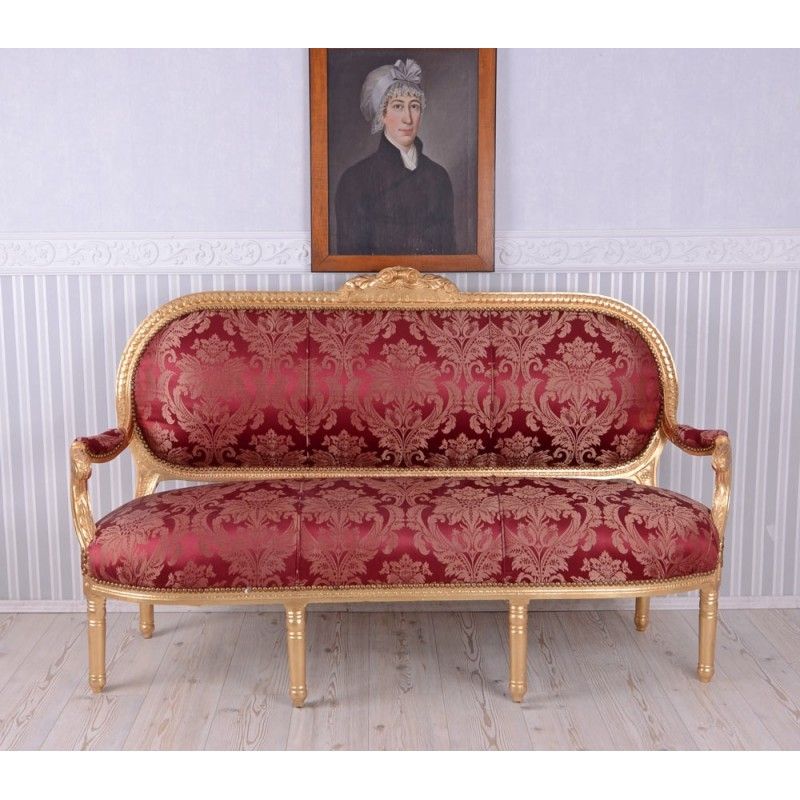 Sofa Madame Pompadour din lemn masiv auriu cu tapiterie rosie
