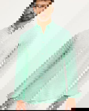 Lindbergh cămașă de in culoarea verde, cu guler button-down, regular, 30.220276