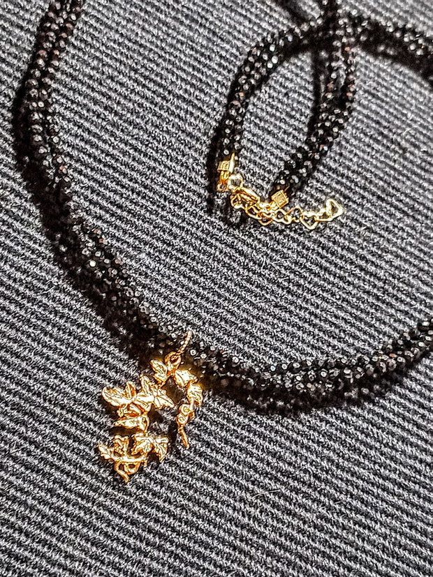 Colier vermeil X3 spinel negru charm iedera frunze argint placat cu aur  minimalist boho chic trendy - Transport gratuit