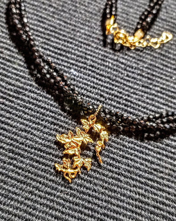 Colier vermeil X3 spinel negru charm iedera frunze argint placat cu aur  minimalist boho chic trendy - Transport gratuit