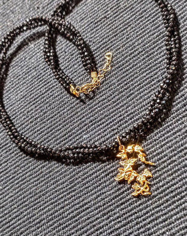 Colier vermeil X3 spinel negru charm iedera frunze argint placat cu aur  minimalist boho chic trendy - Transport gratuit
