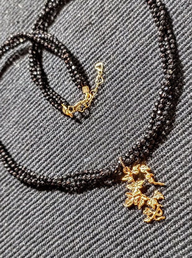 Colier vermeil X3 spinel negru charm iedera frunze argint placat cu aur  minimalist boho chic trendy - Transport gratuit