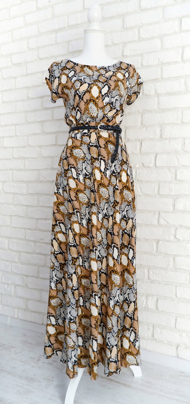 Bluza si Fusta Vaporoase Print Sarpe Bej cu Negru