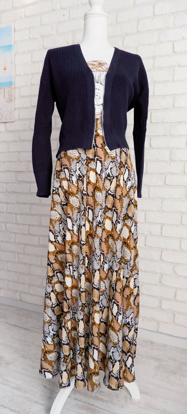 Bluza si Fusta Vaporoase Print Sarpe Bej cu Negru