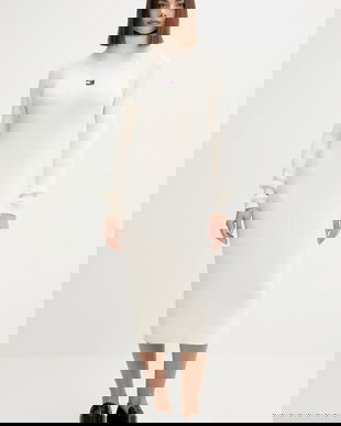 Tommy Jeans rochie din bumbac culoarea bej, midi, mulata, DW0DW22167