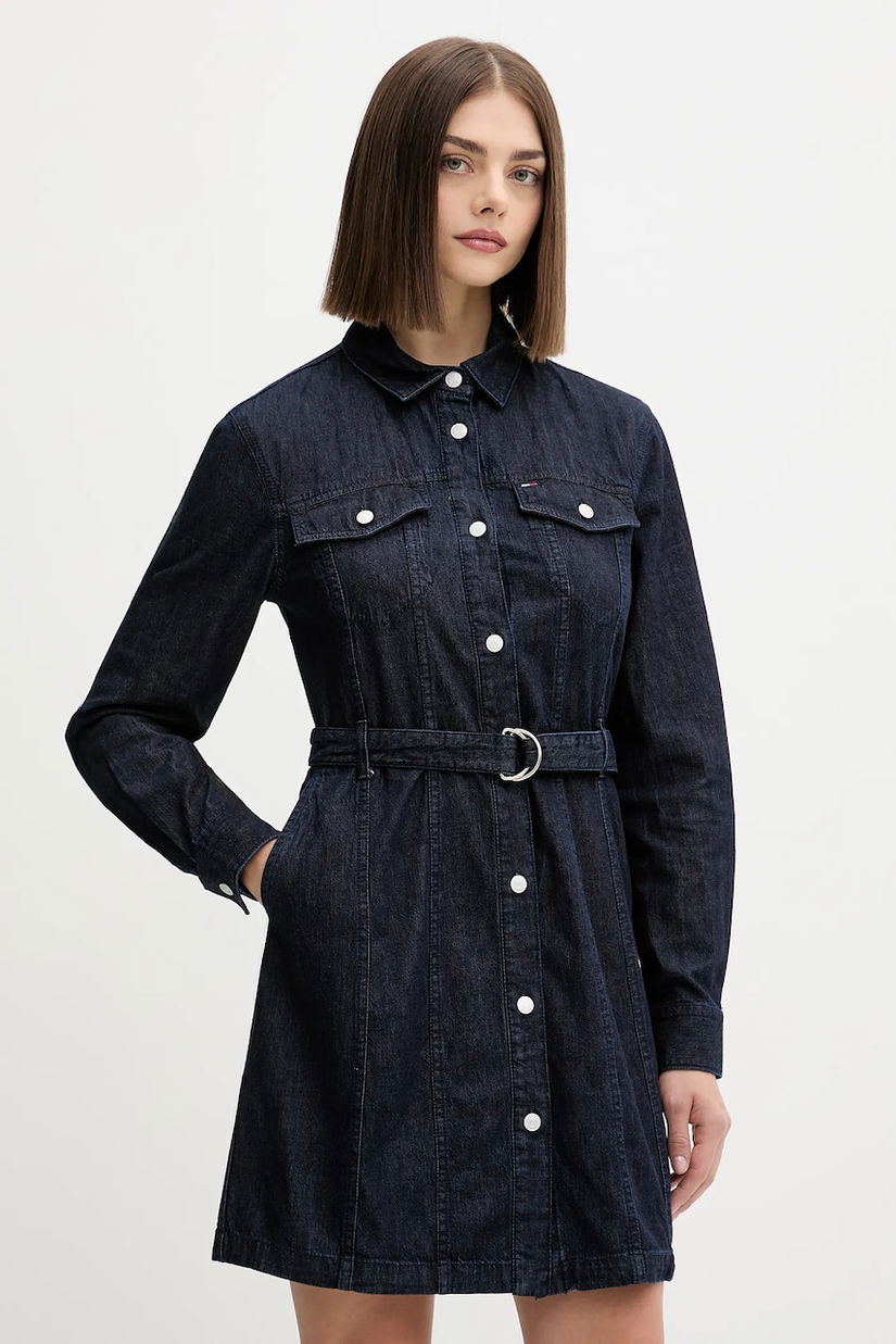 Tommy Jeans rochie jeans culoarea bleumarin, mini, evazati, DW0DW21649