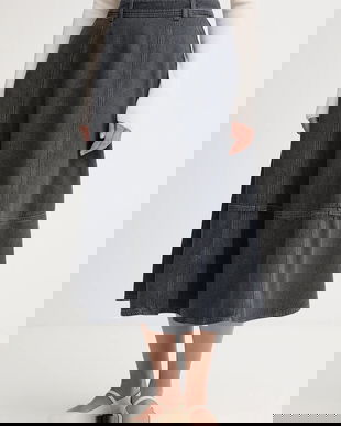 Mos Mosh fustă jeans CYNTHIA culoarea gri, midi, evazati, 174680