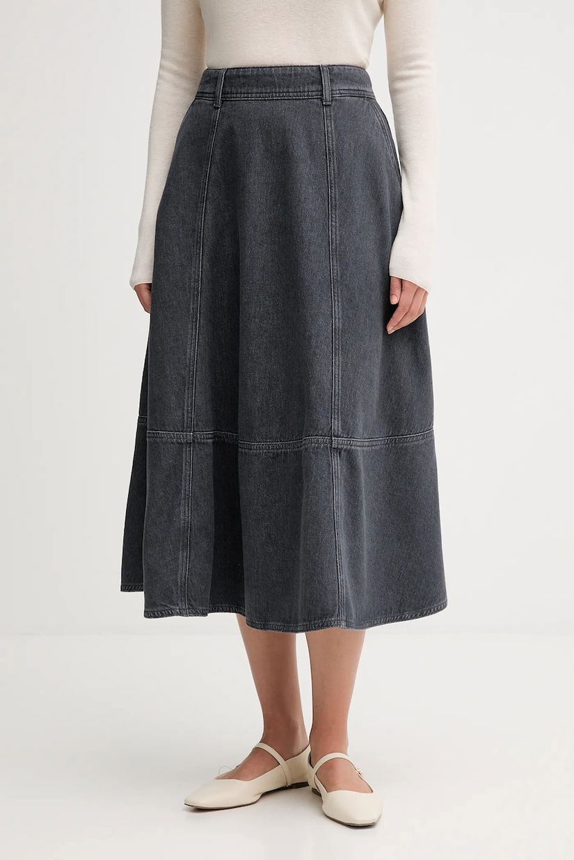 Mos Mosh fustă jeans CYNTHIA culoarea gri, midi, evazati, 174680