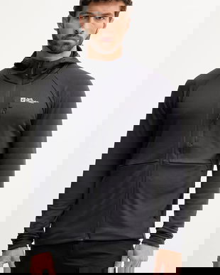 Jack Wolfskin bluză KOLBENBERG culoarea negru, cu glugă, uni, A63966