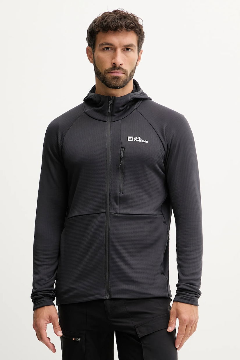 Jack Wolfskin bluză KOLBENBERG culoarea negru, cu glugă, uni, A63966