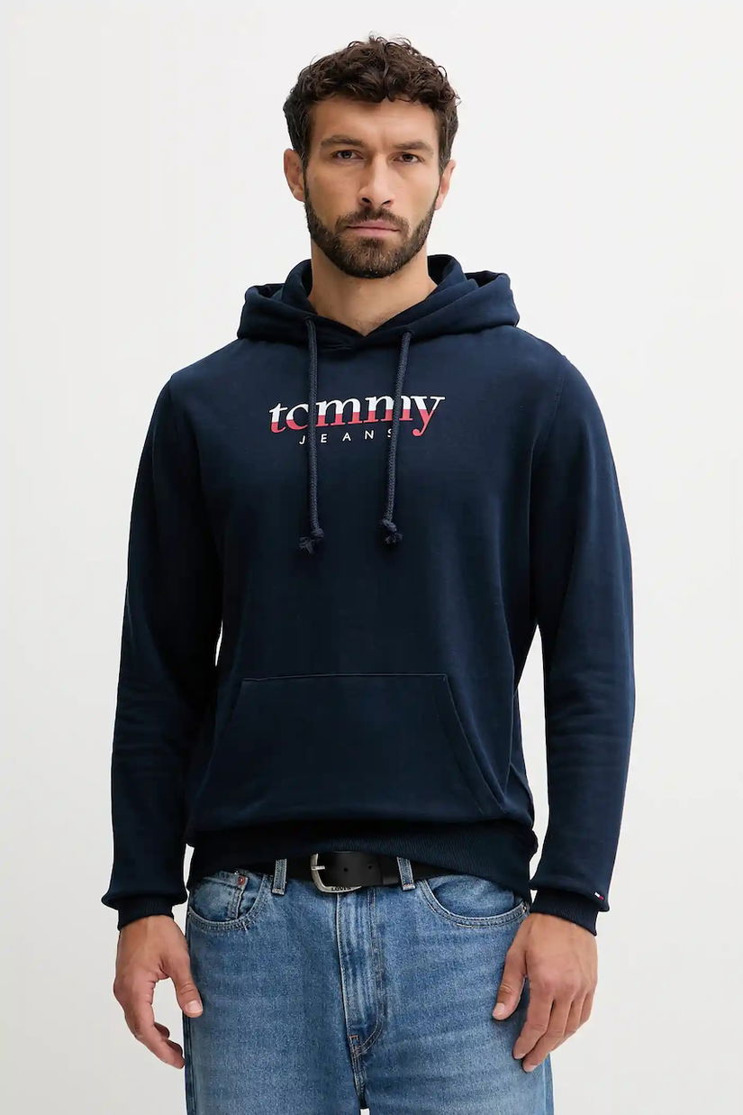 Tommy Jeans hanorac de bumbac culoarea bleumarin, cu glugă, cu imprimeu, DM0DM22113