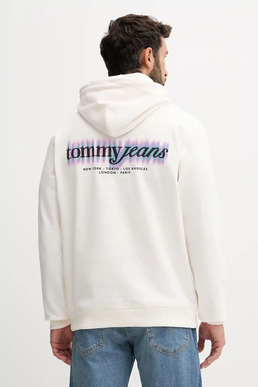 Tommy Jeans hanorac de bumbac culoarea bej, cu glugă, cu imprimeu, DM0DM22112