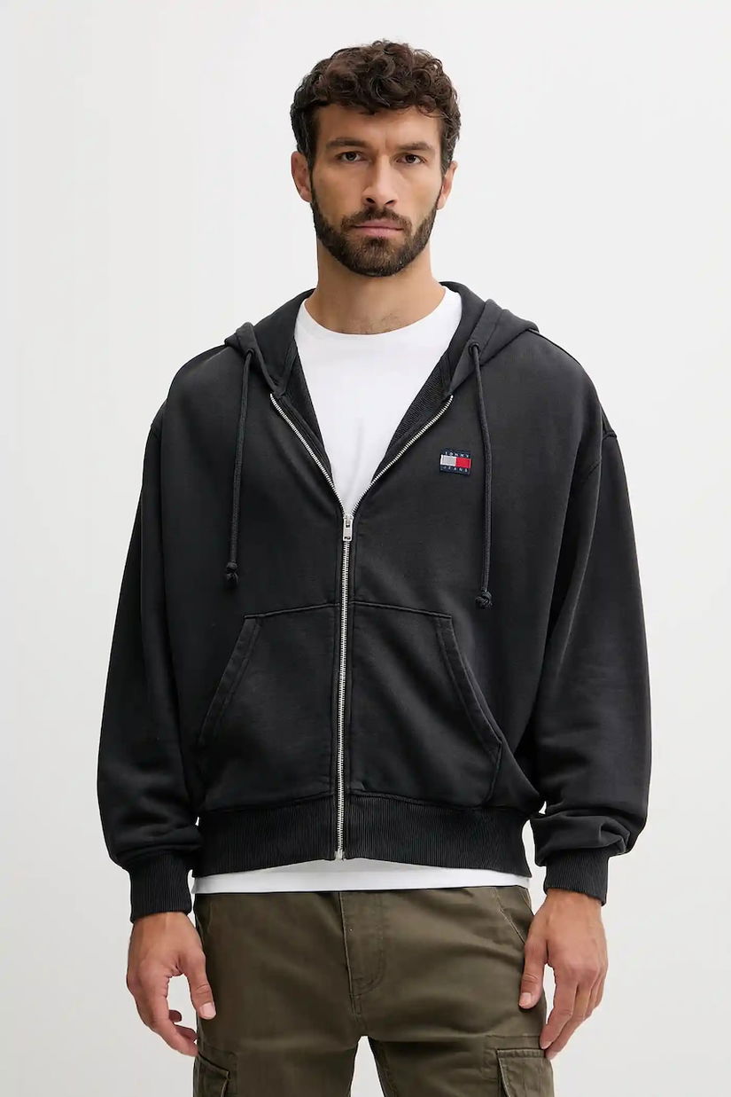 Tommy Jeans hanorac de bumbac culoarea gri, cu glugă, cu imprimeu, DM0DM22080