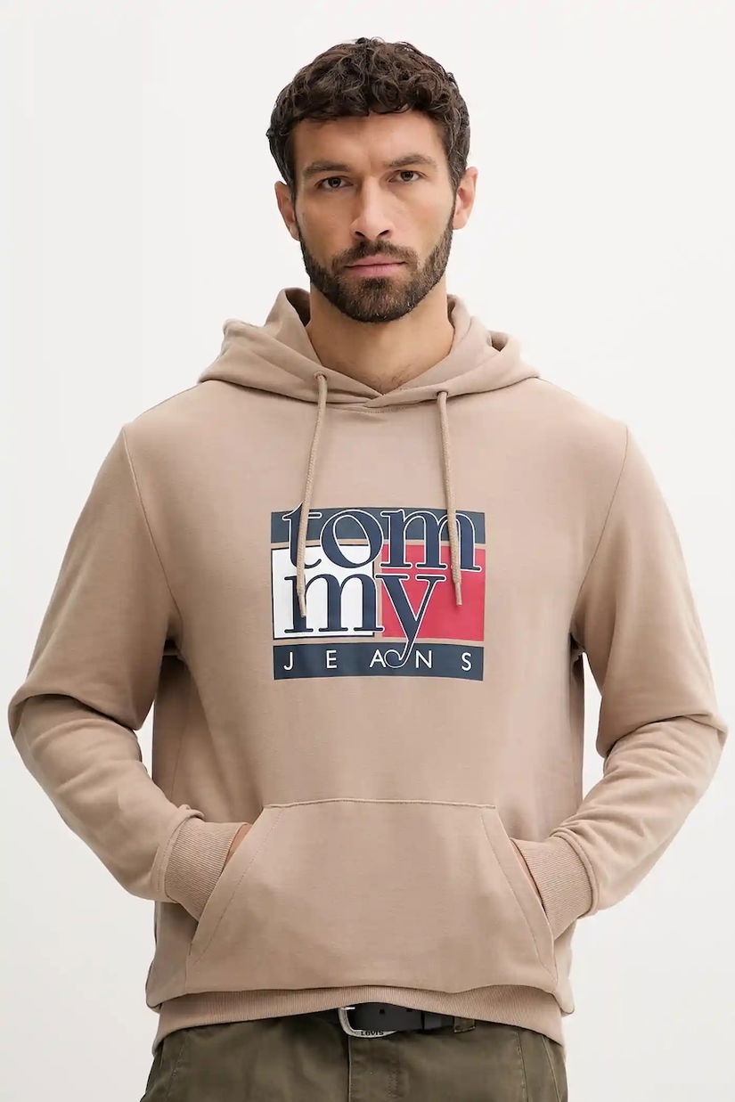 Tommy Jeans hanorac de bumbac culoarea maro, cu glugă, cu imprimeu, DM0DM22092