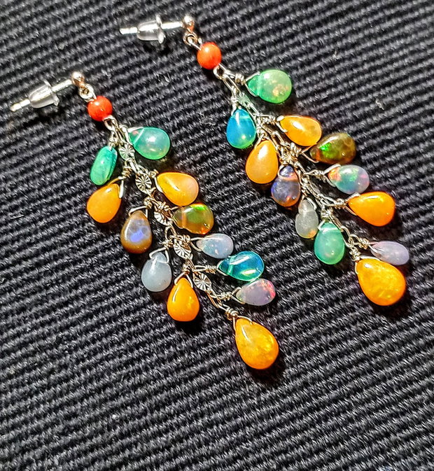 Cercei argint opal de foc etiopian multicolor briolete tija lant argint lungi boho chic trendy - Transport gratuit