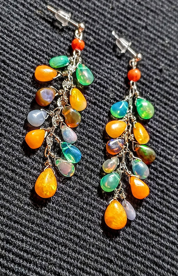 Cercei argint opal de foc etiopian multicolor briolete tija lant argint lungi boho chic trendy - Transport gratuit