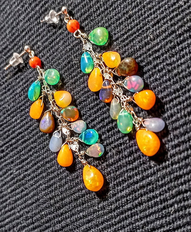Cercei argint opal de foc etiopian multicolor briolete tija lant argint lungi boho chic trendy - Transport gratuit