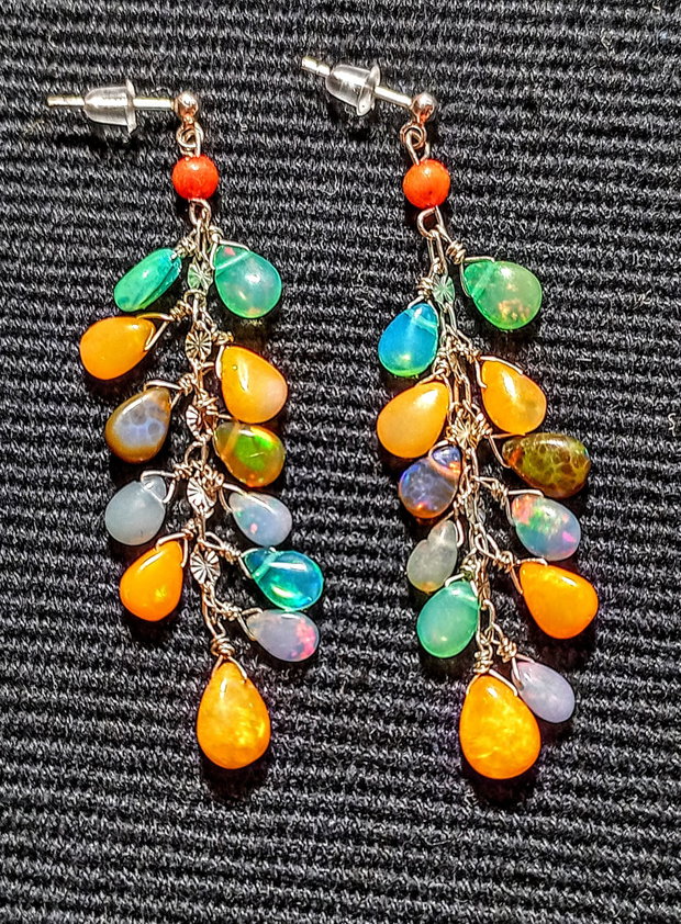 Cercei argint opal de foc etiopian multicolor briolete tija lant argint lungi boho chic trendy - Transport gratuit