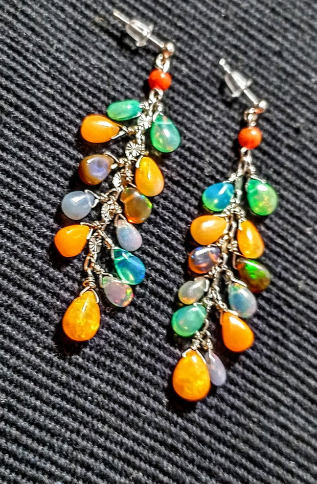 Cercei argint opal de foc etiopian multicolor briolete tija lant argint lungi boho chic trendy - Transport gratuit
