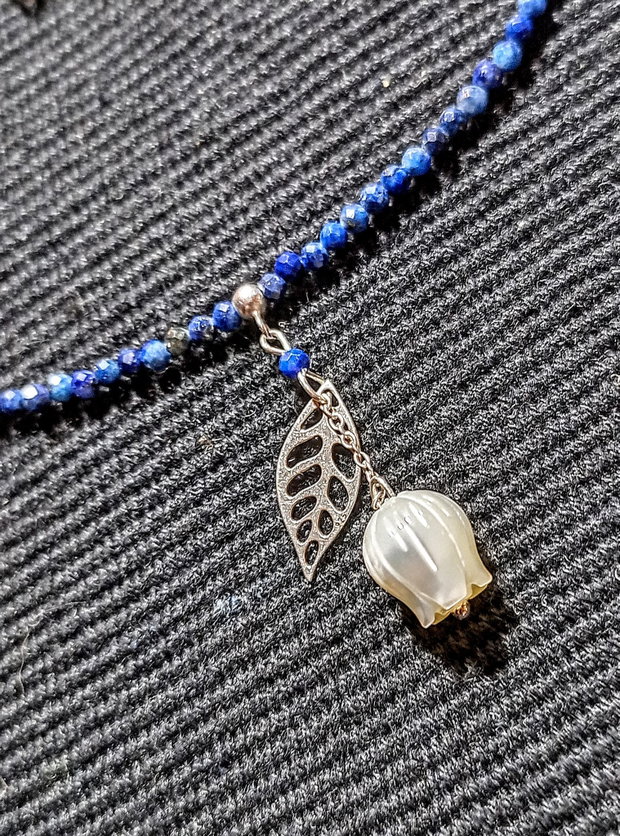 Colier argint lapis lazuli sidef gravat floare charm frunza lant argint minimalist boho chic rendy - Transport gratuit