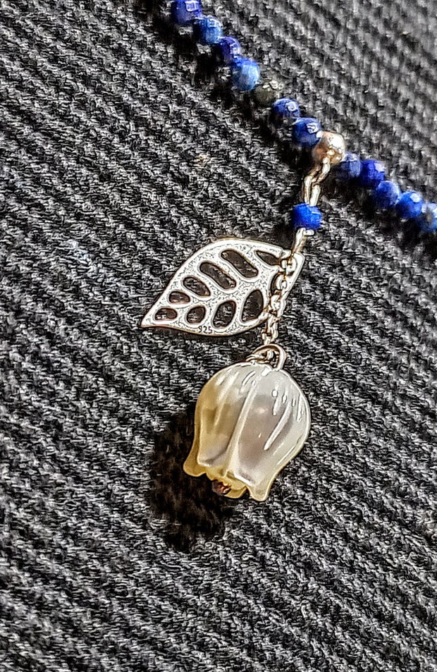 Colier argint lapis lazuli sidef gravat floare charm frunza lant argint minimalist boho chic rendy - Transport gratuit