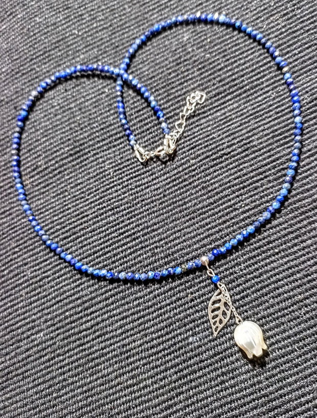 Colier argint lapis lazuli sidef gravat floare charm frunza lant argint minimalist boho chic rendy - Transport gratuit