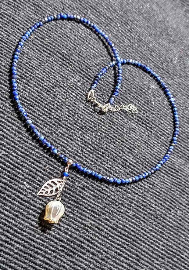 Colier argint lapis lazuli sidef gravat floare charm frunza lant argint minimalist boho chic rendy - Transport gratuit