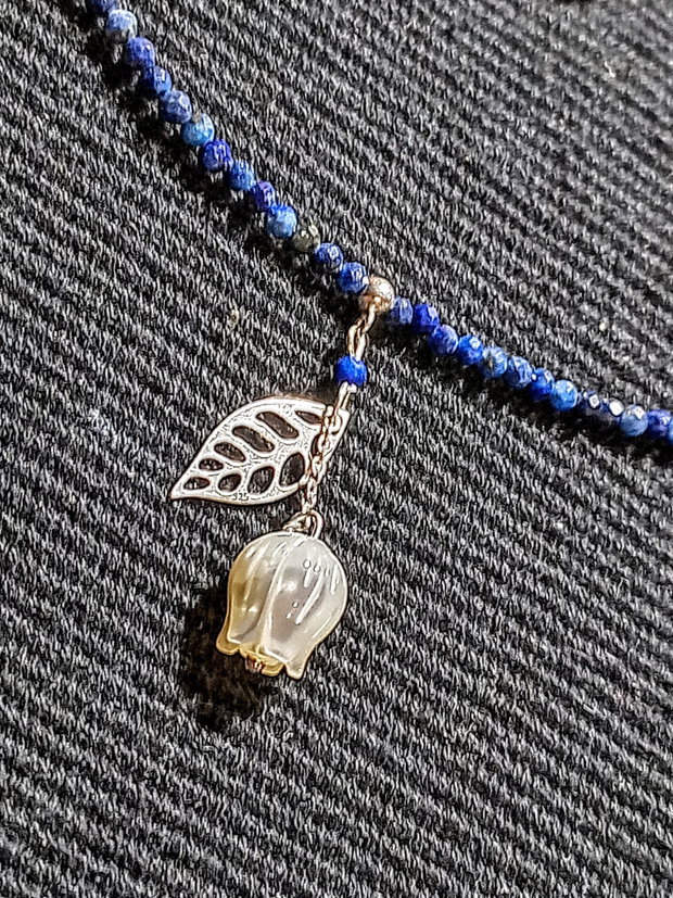 Colier argint lapis lazuli sidef gravat floare charm frunza lant argint minimalist boho chic rendy - Transport gratuit