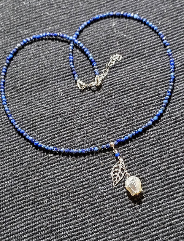 Colier argint lapis lazuli sidef gravat floare charm frunza lant argint minimalist boho chic rendy - Transport gratuit