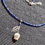 Colier argint lapis lazuli sidef gravat floare charm frunza lant argint minimalist boho chic rendy - Transport gratuit