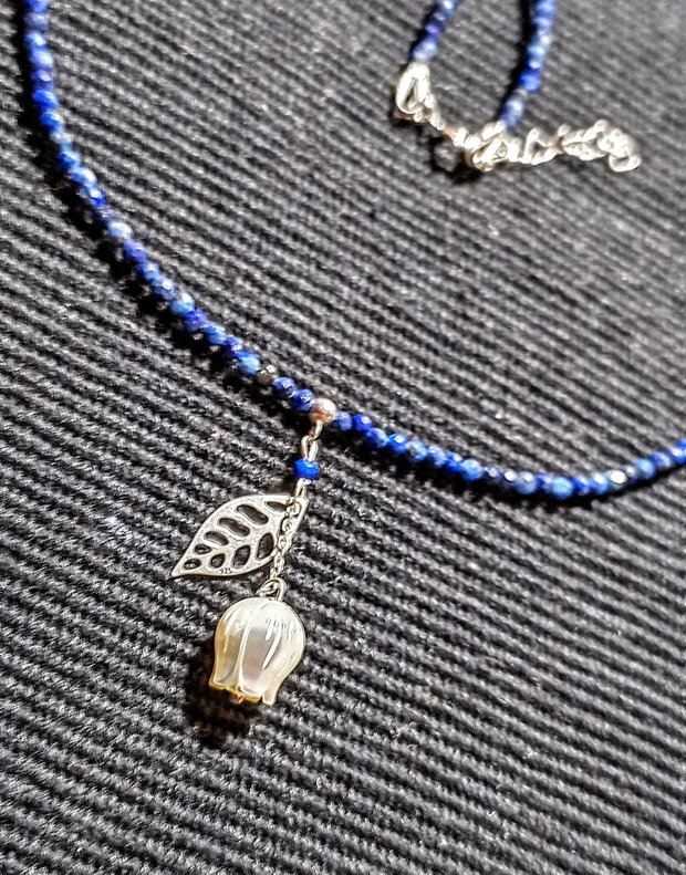 Colier argint lapis lazuli sidef gravat floare charm frunza lant argint minimalist boho chic rendy - Transport gratuit