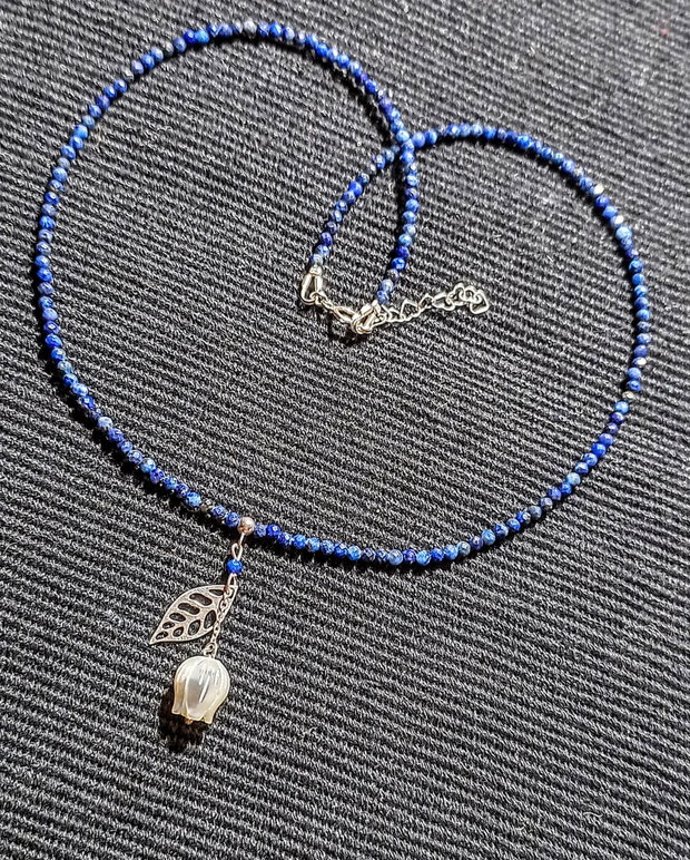 Colier argint lapis lazuli sidef gravat floare charm frunza lant argint minimalist boho chic rendy - Transport gratuit
