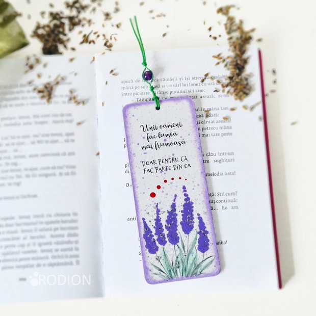 Semn de carte handmade pictat, cu mesaj personalizat, lavanda