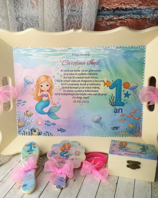 Set personalizat pentru taiere mot/ un an, fetite - tema Mica sirena