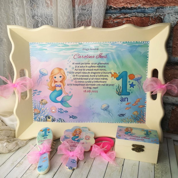 Set personalizat pentru taiere mot/ un an, fetite - tema Mica sirena