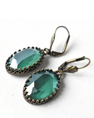 Cercei din alama cu elemente Swarovski - rivoli cabochon oval, royal green, 18x13mm