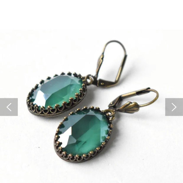Cercei din alama cu elemente Swarovski - rivoli cabochon oval, royal green, 18x13mm