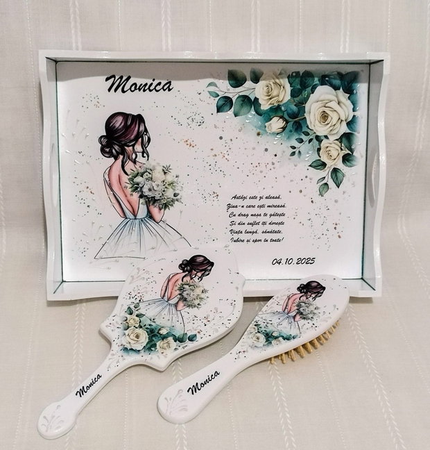 Tavita pentru mireasa cu buchet si trandafiri albi