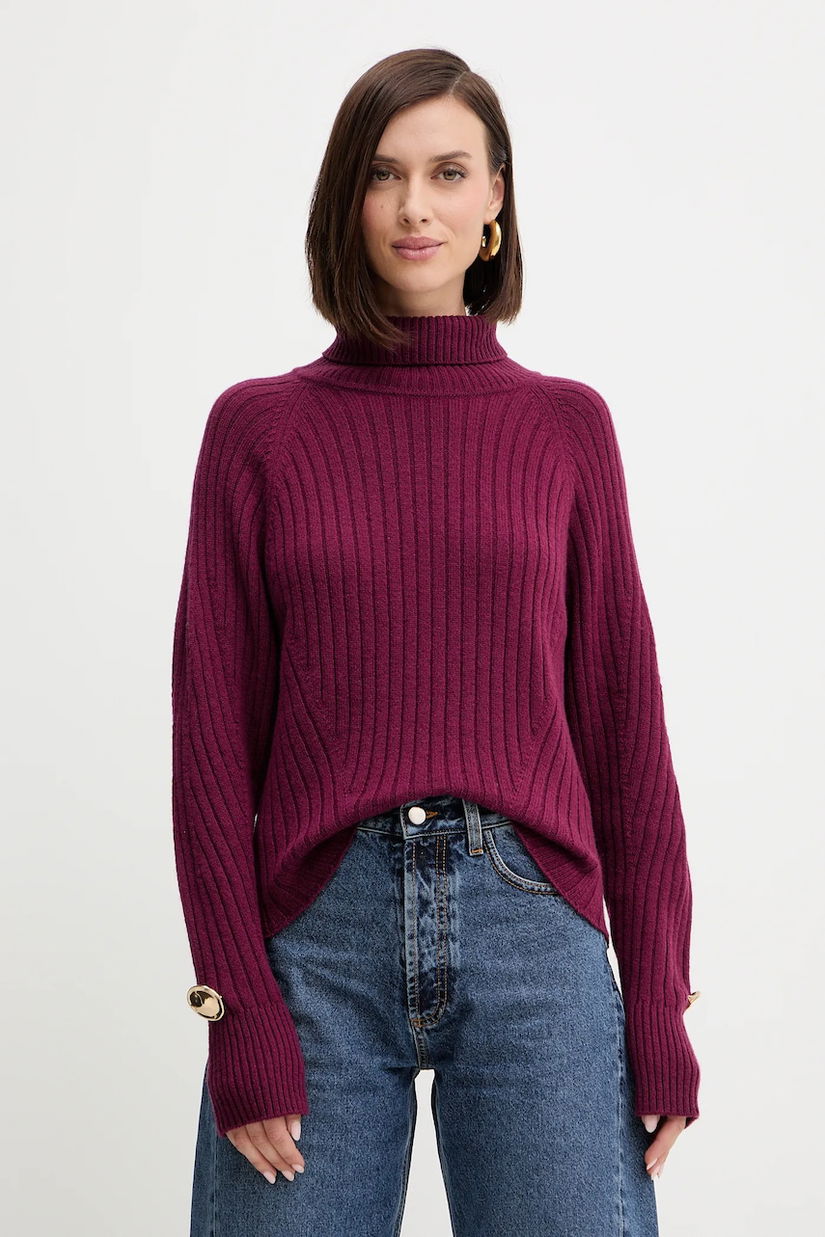 Simona Corsellini pulover de lână culoarea bordo, light, cu guler, A25CPMGG0801