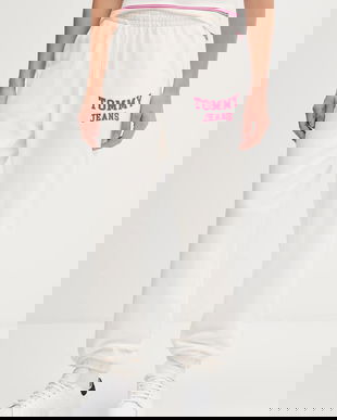 Tommy Jeans pantaloni de trening din bumbac culoarea bej, cu imprimeu, DW0DW22164