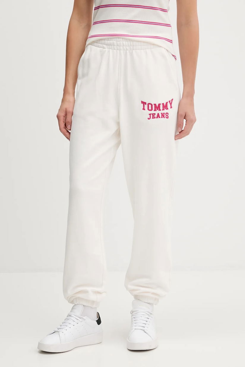 Tommy Jeans pantaloni de trening din bumbac culoarea bej, cu imprimeu, DW0DW22164
