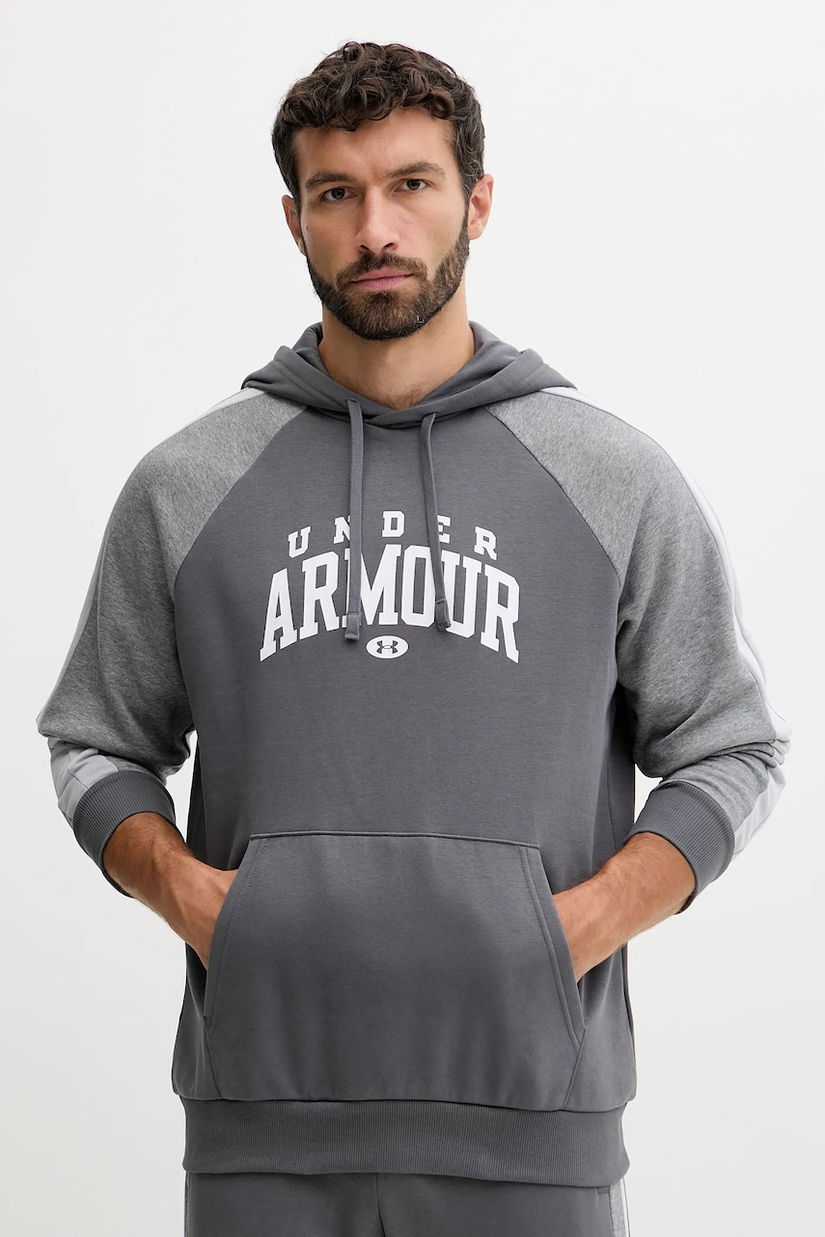 Under Armour bluză Rival culoarea gri, cu glugă, cu imprimeu, 6003958