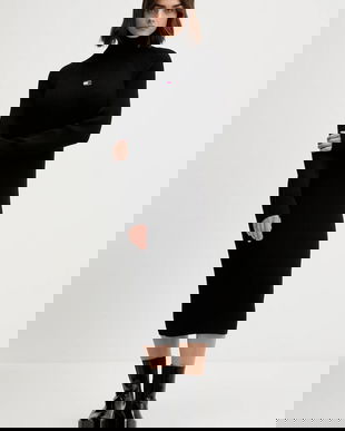 Tommy Jeans rochie din bumbac culoarea negru, midi, mulata, DW0DW22167