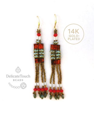 Cercei tribali, cercei lungi statement cu Miyuki si Superduo, cercei rosii  stil boho chic, unicat